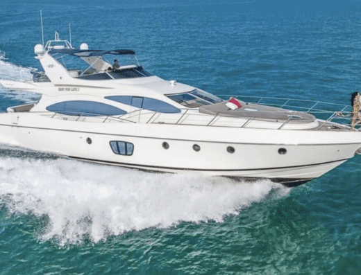 Aerial view of the Diamond Venice 80 luxury yacht cruising on open waters.